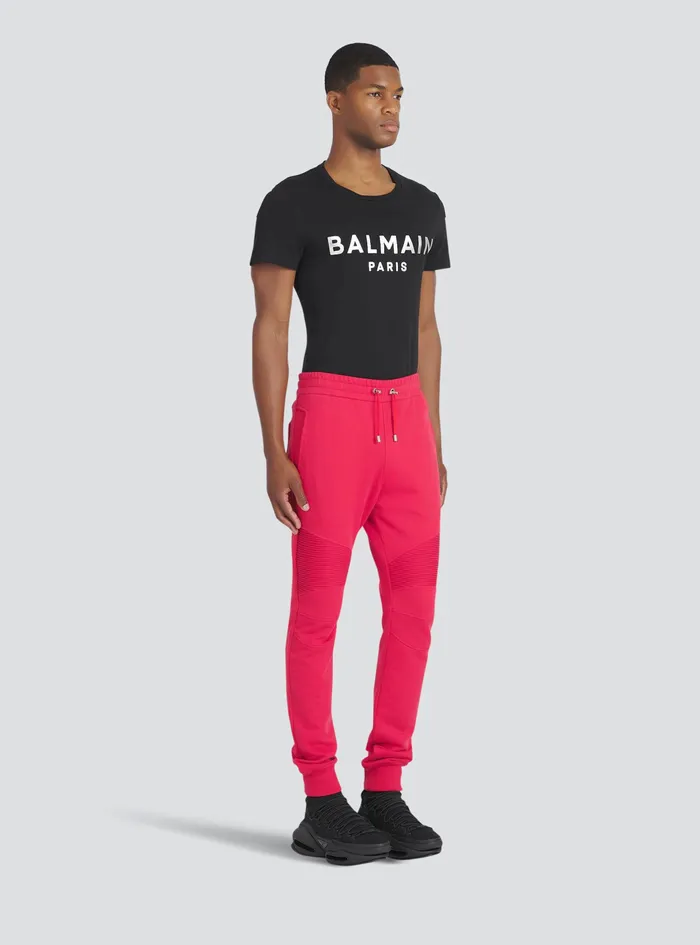 Balmain Trousers And Shorts Mens EcoDesigned Cotton Sweatpants With Black Balmain Logo Print Red