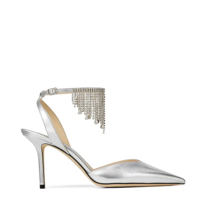 Birtie 85 Silver Metallic Nappa Leather Pumps With Crystal Drape Silvercrystal Women JIMMY CHOO Pumps Birtie 85 Silver Metallic Nappa Leather Pumps With Crystal Drape Silvercrystal Women JIMMY CHOO Pumps