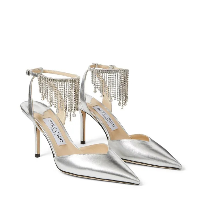 Birtie 85 Silver Metallic Nappa Leather Pumps With Crystal Drape Silvercrystal Women JIMMY CHOO Pumps