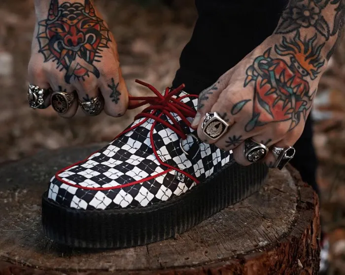 Black and White Checkered Barbwire Viva Mondo Creeper Men TUK Shoes Vegan Black and White Checkered Barbwire Viva Mondo Creeper Men TUK Shoes Vegan