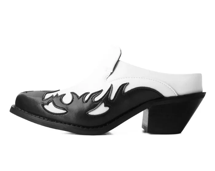 Black and White Flame Western Mule Women TUK Shoes Sandals Black and White Flame Western Mule Women TUK Shoes Sandals
