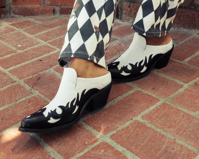 Black and White Flame Western Mule Women TUK Shoes Sandals Black and White Flame Western Mule Women TUK Shoes Sandals