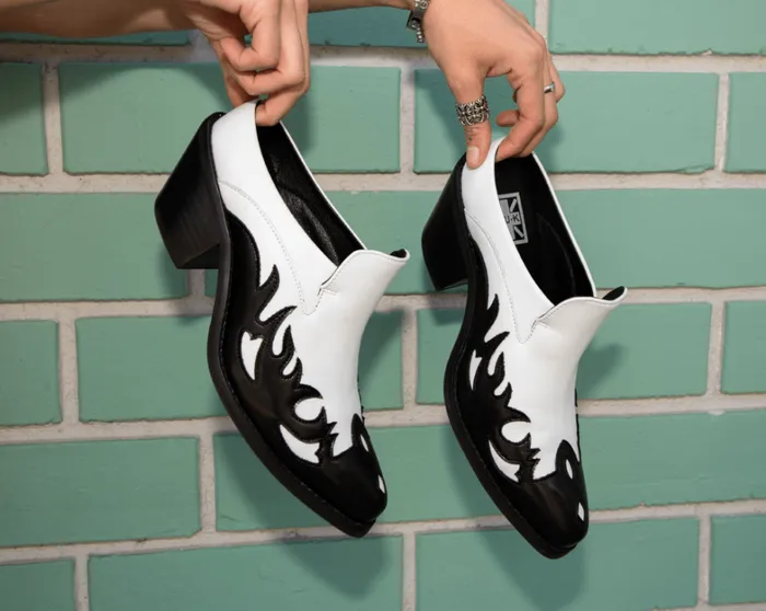 Black and White Flame Western Mule Women TUK Shoes Sandals Black and White Flame Western Mule Women TUK Shoes Sandals
