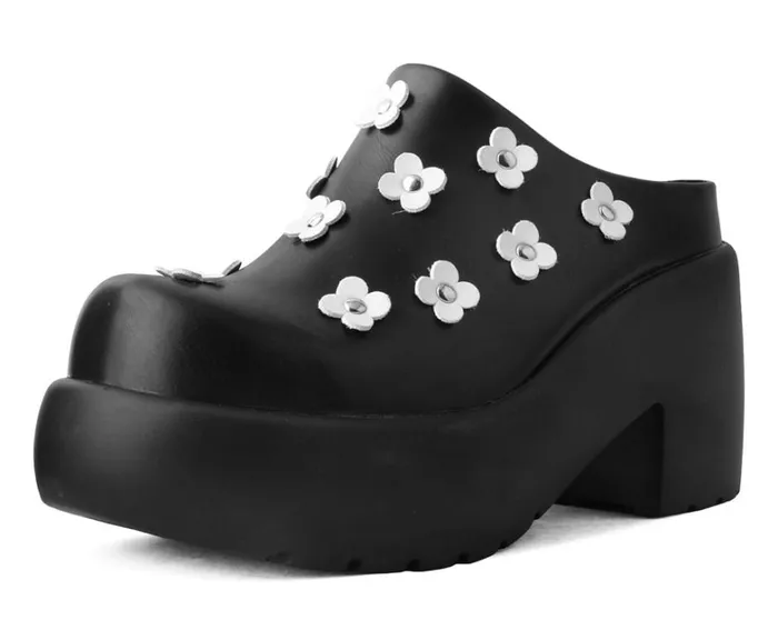 Black Burnished White Flower Anarchic Bubble Clog Women TUK Shoes Vegan