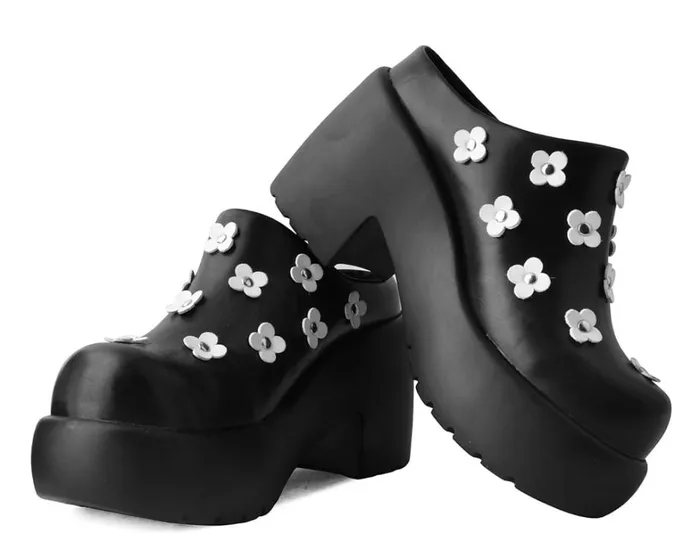 Black Burnished White Flower Anarchic Bubble Clog Women TUK Shoes Vegan