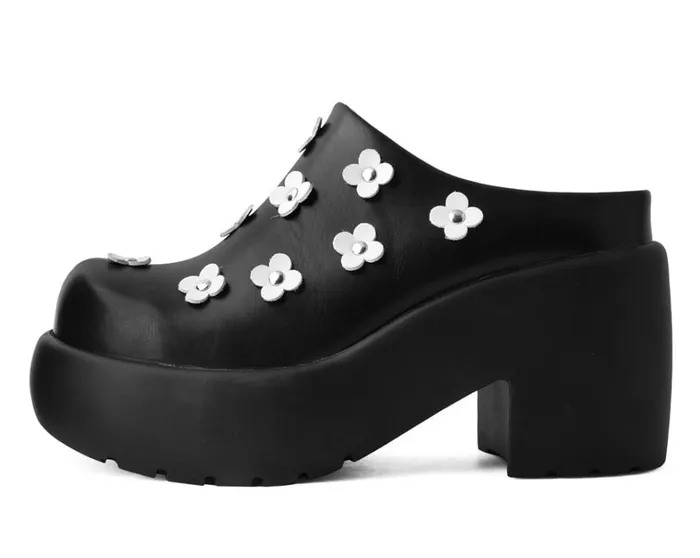 Black Burnished White Flower Anarchic Bubble Clog Women TUK Shoes Vegan