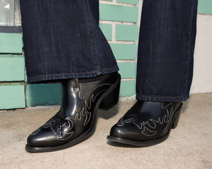 Black Flame Western Mule Women TUK Shoes Vegan Black Flame Western Mule Women TUK Shoes Vegan