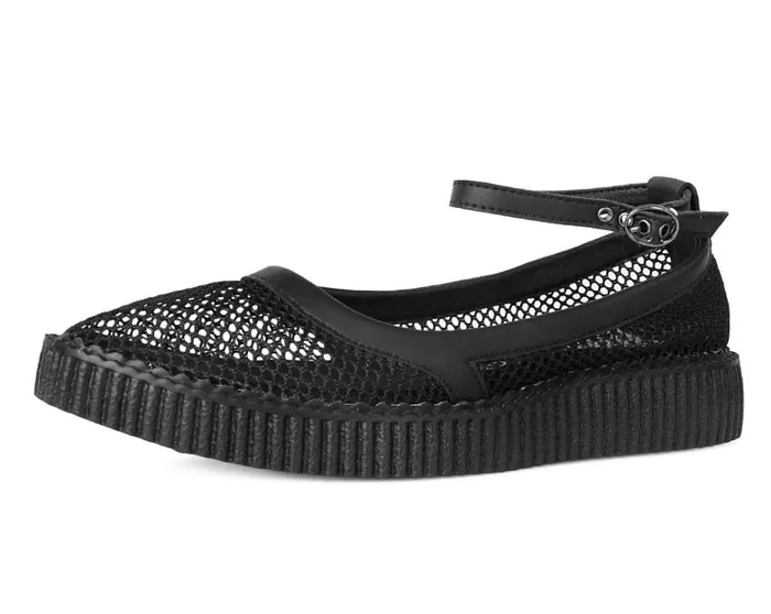 Black Holographic Vegan Pointed Ballet Creepers Women TUK Shoes Mary Janes