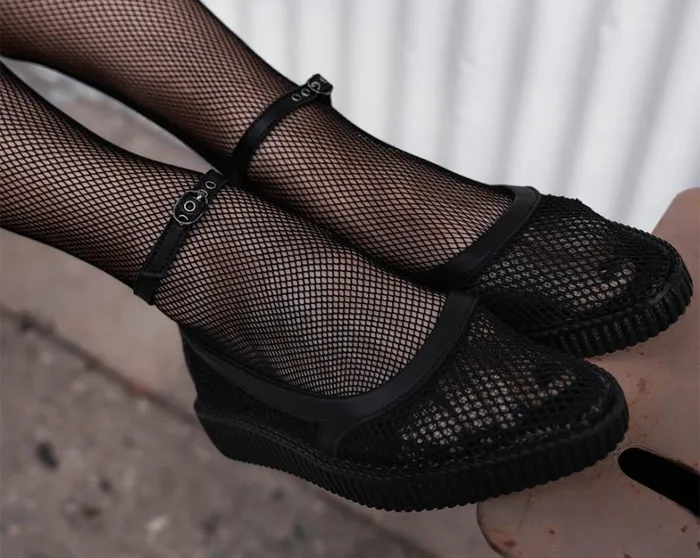 Black Holographic Vegan Pointed Ballet Creepers Women TUK Shoes Mary Janes