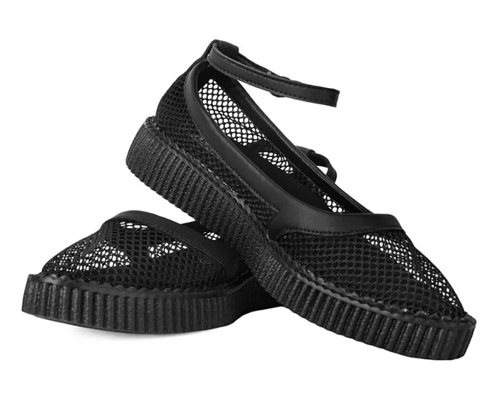 Black Holographic Vegan Pointed Ballet Creepers Women TUK Shoes Mary Janes