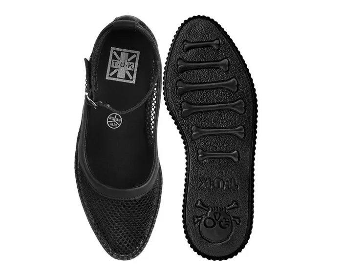 Black Holographic Vegan Pointed Ballet Creepers Women TUK Shoes Mary Janes