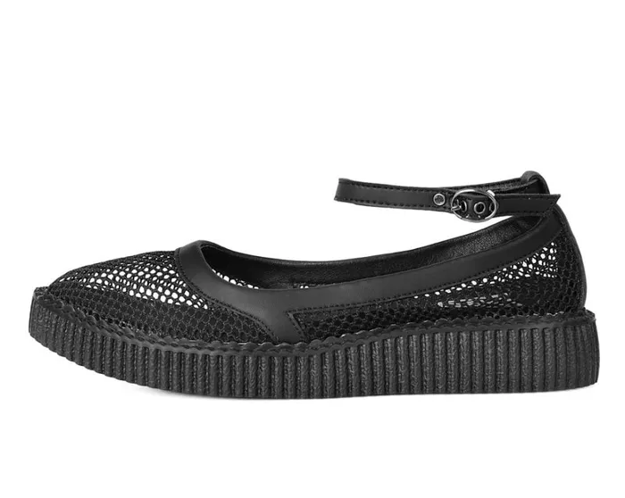 Black Holographic Vegan Pointed Ballet Creepers Women TUK Shoes Mary Janes