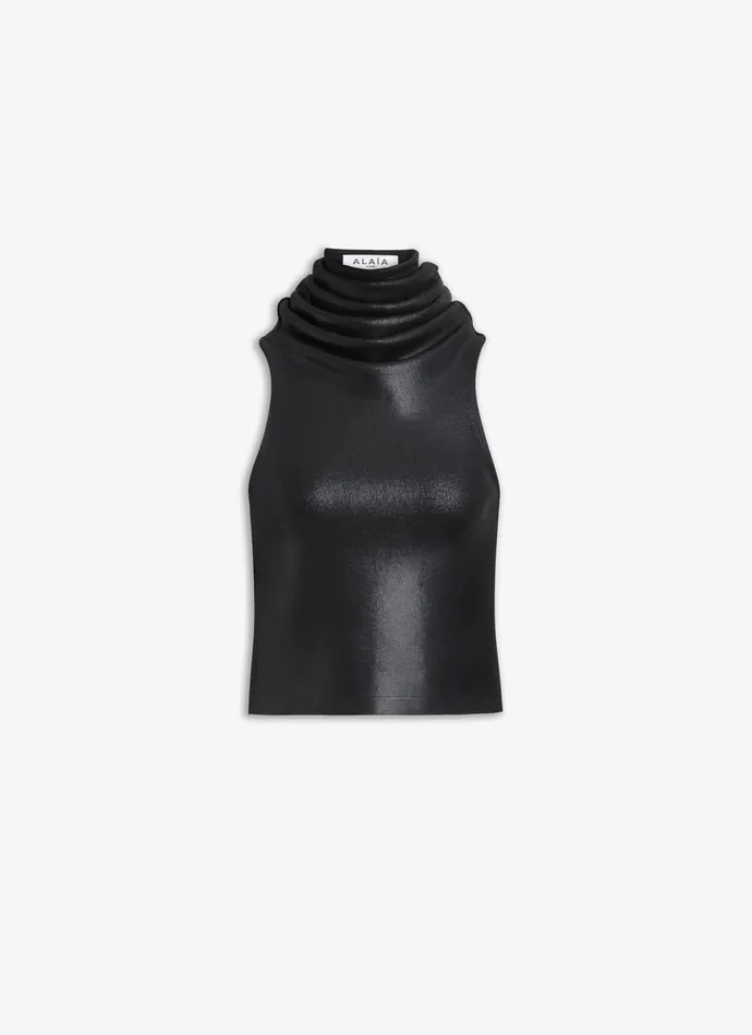 Black HOODED LEATHER TOP Women Alaa Tops and Shirts
