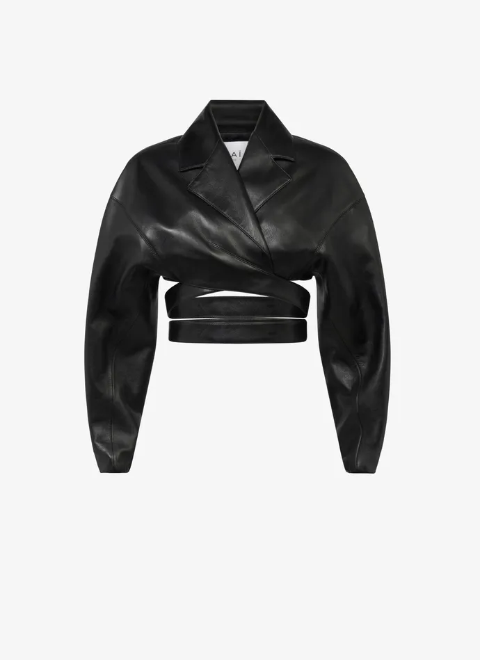 Black Leather Cross Over Jacket Women Alaa Coats and Jackets