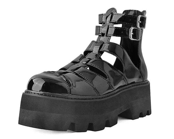 Black Patent Gladiator Dino Lug Sandal Women TUK Shoes Boots