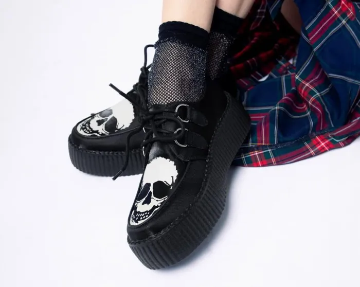 Black Satin Glow Skull Viva Mondo Creeper Women TUK Shoes Vegan Black Satin Glow Skull Viva Mondo Creeper Women TUK Shoes Vegan