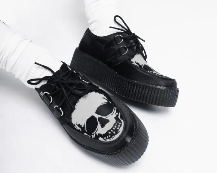 Black Satin Glow Skull Viva Mondo Creeper Women TUK Shoes Vegan Black Satin Glow Skull Viva Mondo Creeper Women TUK Shoes Vegan