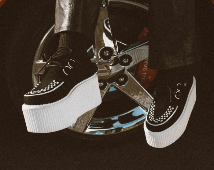 Black Suede White Interlace Stratocreeper Women TUK Shoes Platforms Black Suede White Interlace Stratocreeper Women TUK Shoes Platforms