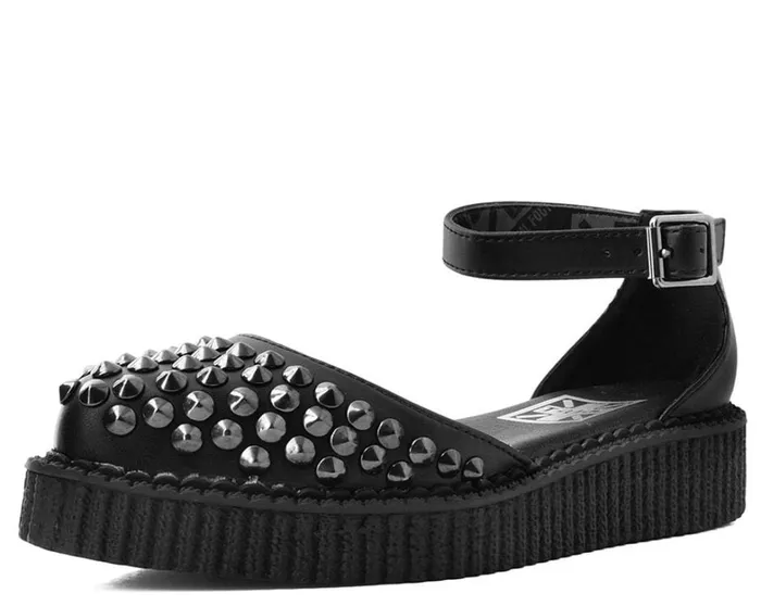 Black TUKskin Pointed Spike Studded Ankle Strap Sandals Women TUK Shoes Mary Janes