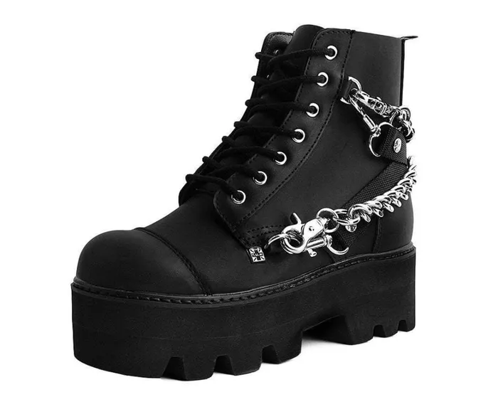 Black Vegan 7Eye Chain and Strap Dino Lug Creeper Boot Women TUK Shoes Platforms