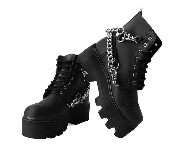 Black Vegan 7Eye Chain and Strap Dino Lug Creeper Boot Women TUK Shoes Platforms Black Vegan 7Eye Chain and Strap Dino Lug Creeper Boot Women TUK Shoes Platforms