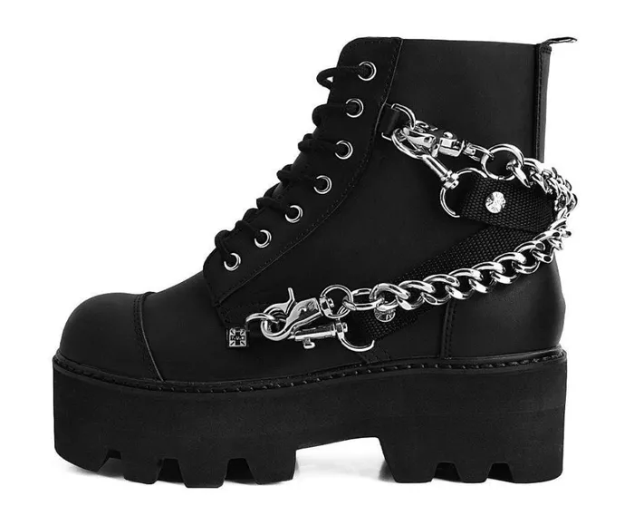 Black Vegan 7Eye Chain and Strap Dino Lug Creeper Boot Women TUK Shoes Platforms Black Vegan 7Eye Chain and Strap Dino Lug Creeper Boot Women TUK Shoes Platforms