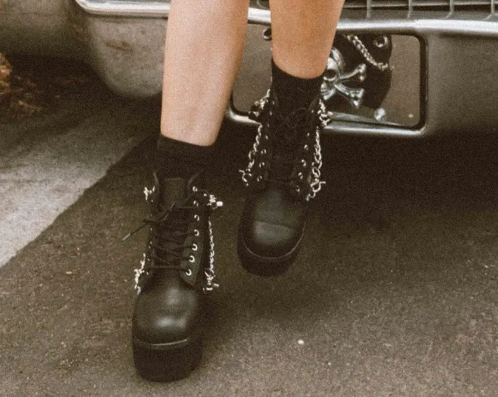 Black Vegan 7Eye Chain and Strap Dino Lug Creeper Boot Women TUK Shoes Platforms Black Vegan 7Eye Chain and Strap Dino Lug Creeper Boot Women TUK Shoes Platforms