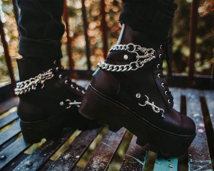 Black Vegan 7Eye Chain and Strap Dino Lug Creeper Boot Women TUK Shoes Platforms Black Vegan 7Eye Chain and Strap Dino Lug Creeper Boot Women TUK Shoes Platforms