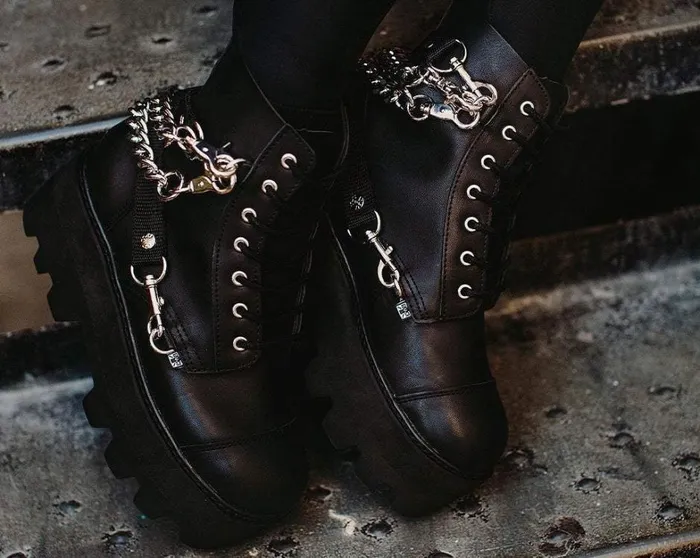 Black Vegan 7Eye Chain and Strap Dino Lug Creeper Boot Women TUK Shoes Platforms Black Vegan 7Eye Chain and Strap Dino Lug Creeper Boot Women TUK Shoes Platforms