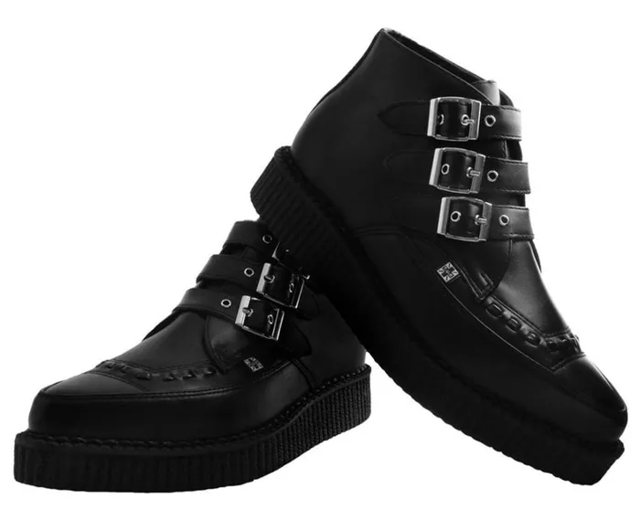Black Vegan TUKskin 3Buckle Strap Pointed Toe Creeper Boots Women TUK Shoes Boots