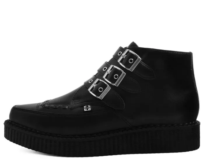 Black Vegan TUKskin 3Buckle Strap Pointed Toe Creeper Boots Women TUK Shoes Boots