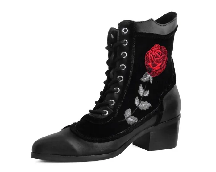 Black Victorian 8Eye Rose Pointed Anarchic Heel Women TUK Shoes Boots