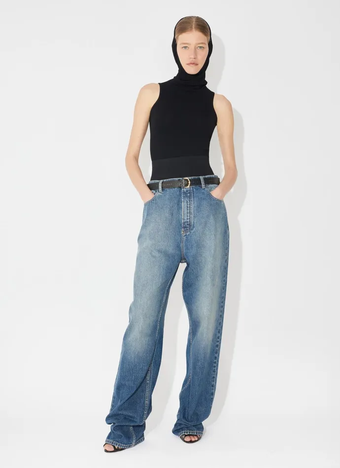 Blue Knit Belt Denim Pant Women Alaa Pants and Shorts