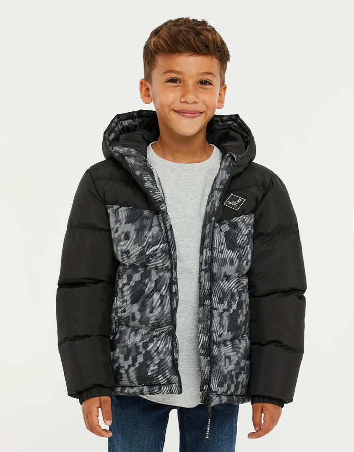Boys Black Camo Colourblock Puffer Jacket Black Threadbare Jackets and Coats