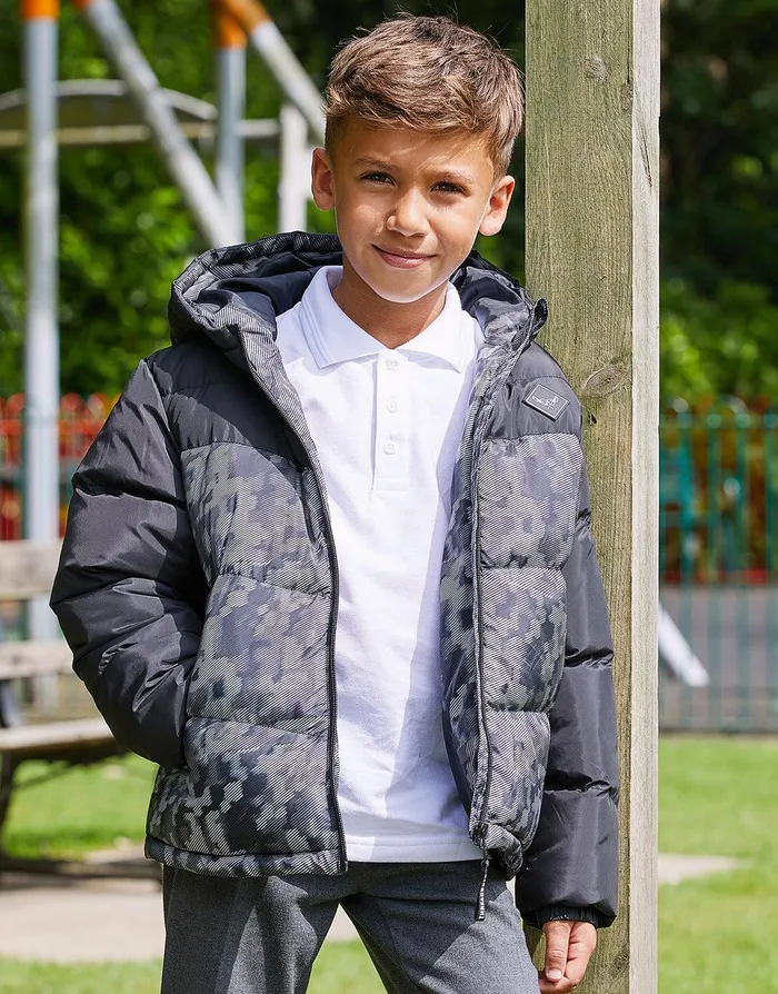 Boys Black Camo Colourblock Puffer Jacket Black Threadbare Jackets and Coats Boys Black Camo Colourblock Puffer Jacket Black Threadbare Jackets and Coats