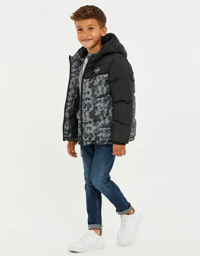Boys Black Camo Colourblock Puffer Jacket Black Threadbare Jackets and Coats Boys Black Camo Colourblock Puffer Jacket Black Threadbare Jackets and Coats