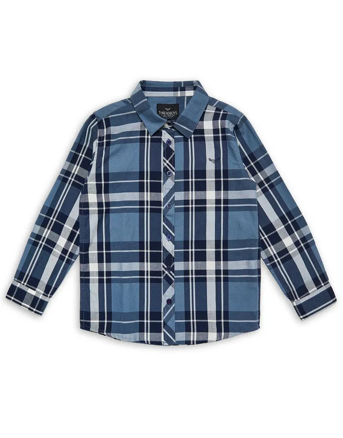 Boys Blue Check Long Sleeve Shirt Blue Threadbare Shirts