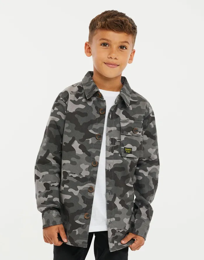 Boys Grey Camo Long Sleeve Shirt Grey Threadbare Shirts