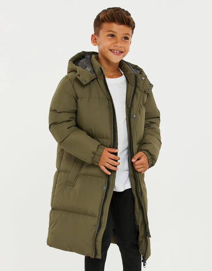Boys Khaki Longline Puffer Jacket Khaki Threadbare Jackets and Coats