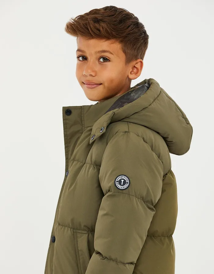 Boys Khaki Longline Puffer Jacket Khaki Threadbare Jackets and Coats Boys Khaki Longline Puffer Jacket Khaki Threadbare Jackets and Coats