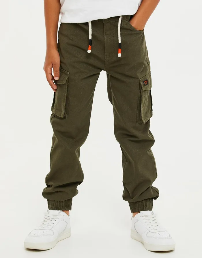 Boys Khaki Plain Cargo Trousers Khaki Threadbare Trousers