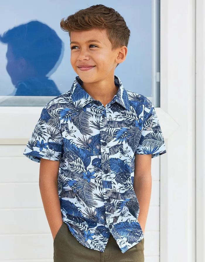 Boys Navy Tropical Print Short Sleeve Shirt Navy Threadbare Shirts