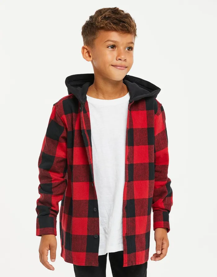 Boys Red Check Hooded Long Sleeve Shirt Red Threadbare Shirts