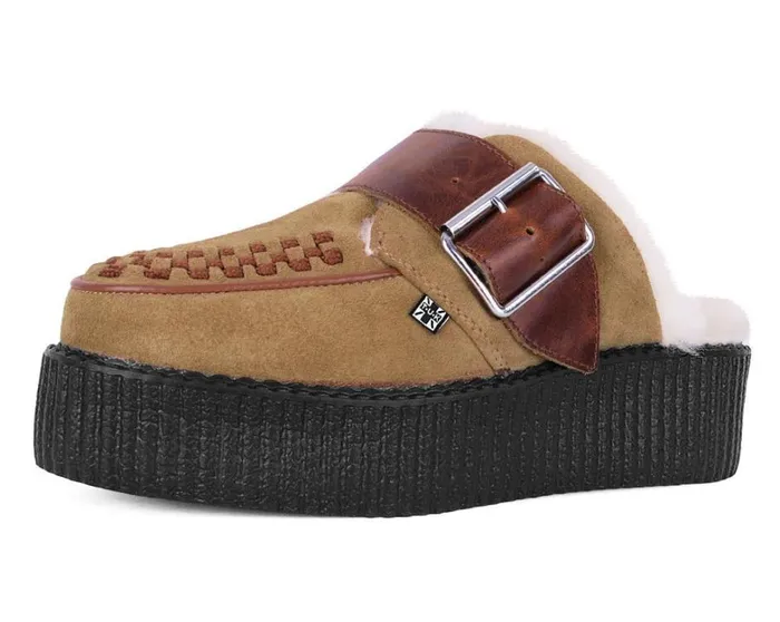 Brown Suede Wool Creeper Mule Women TUK Shoes Platforms