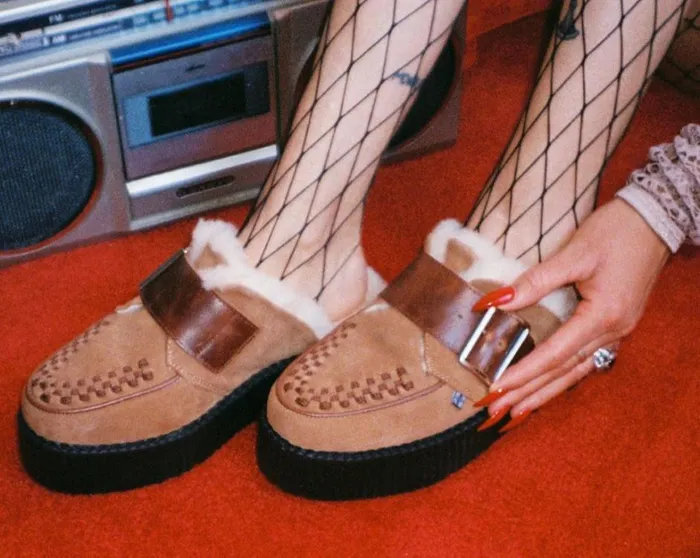 Brown Suede Wool Creeper Mule Women TUK Shoes Platforms