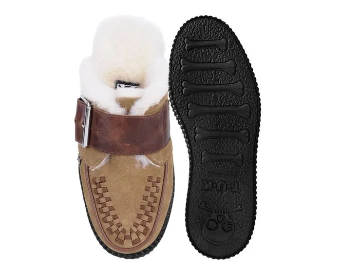 Brown Suede Wool Creeper Mule Women TUK Shoes Platforms