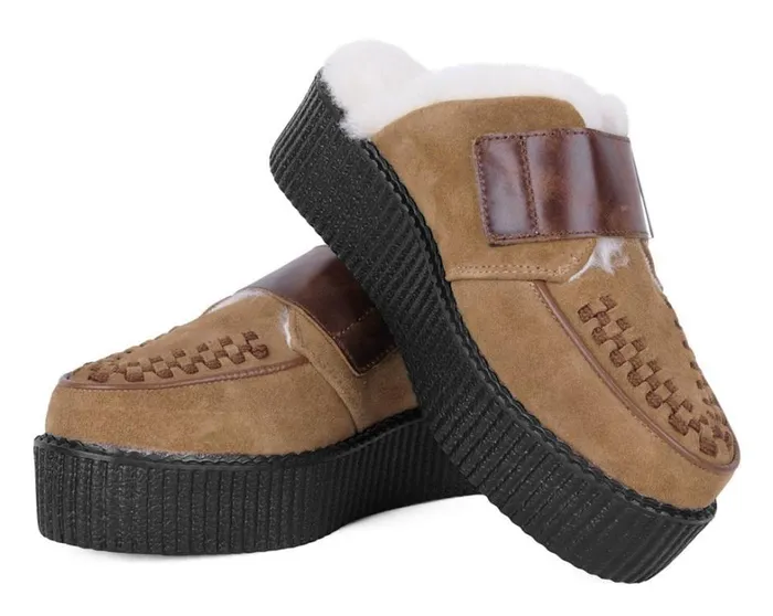 Brown Suede Wool Creeper Mule Women TUK Shoes Platforms