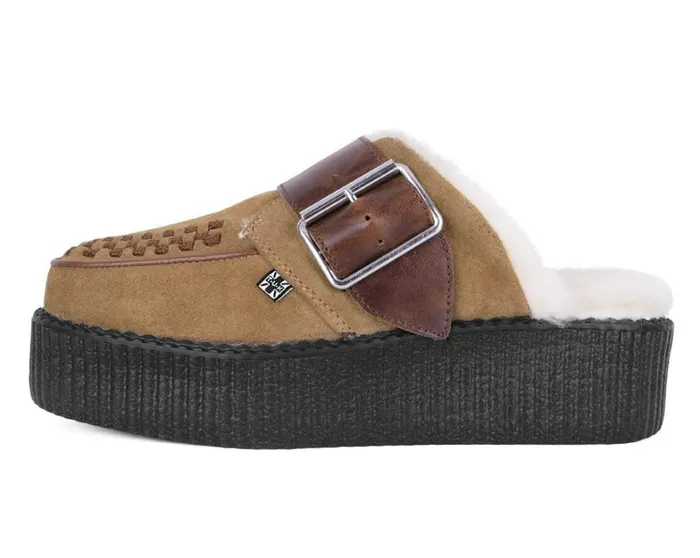 Brown Suede Wool Creeper Mule Women TUK Shoes Platforms