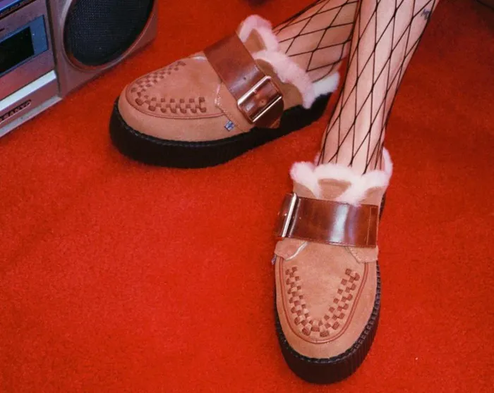 Brown Suede Wool Creeper Mule Women TUK Shoes Platforms