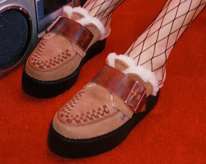 Brown Suede Wool Creeper Mule Women TUK Shoes Platforms